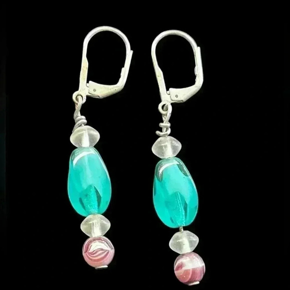 Glass bead earrings vintage Czech turquoise lever back dangle earrings - Picture 1 of 3